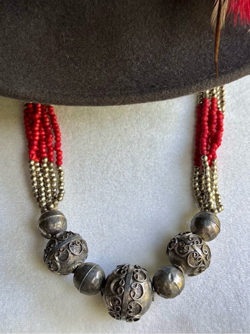 Vintage Red Silver Seed Bead and Large Silver Tone Beads Southwestern Necklace